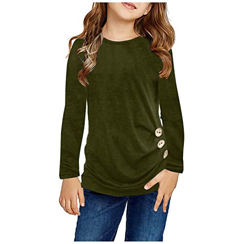 Çocuk Çocuk Kız Uzun Kollu Kazak Düğüm Ön Düğme T-Shirt Tunik T-Shirt Crewneck Bluz Tee 4 T-13 T (Yeşil, 8-9 Yıl)