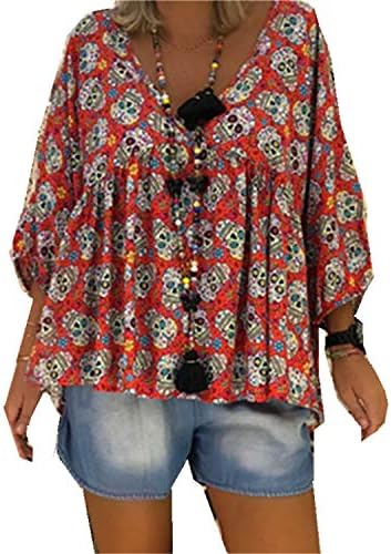 Andongnywell Womens Casual Bluz Gevşek Kollu V Boyun Baskılı Gömlek Tops Baskı Şifon Gömlek Tunikler