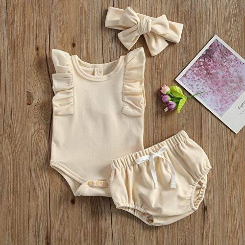 3 Adet Bebek Kız Yaz Giysileri Kıyafetler Şort Set Kısa Kollu Çiçek Bodysuit Romper Üst Fırfır Bloomers + Kafa