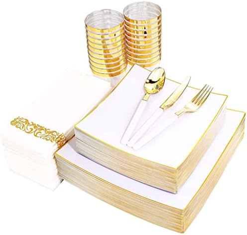 ZLYPSW 50 Parça Sofra Beyaz Kare İle Altın Jant Plastik Plaka İle Gümüş Düğün Parti Malzemeleri (Renk: A)