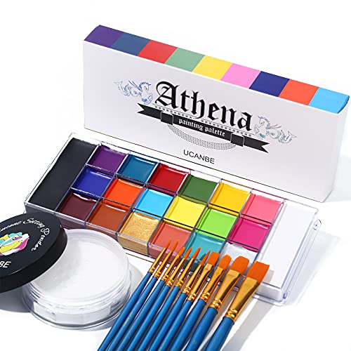 UCANBE Athena Yüz Vücut Boya Yağ Paleti + Saydam Ayar Toz + 10 PCS Fırçalar Set, profesyonel Toksik Olmayan Yüz Boyama Palet
