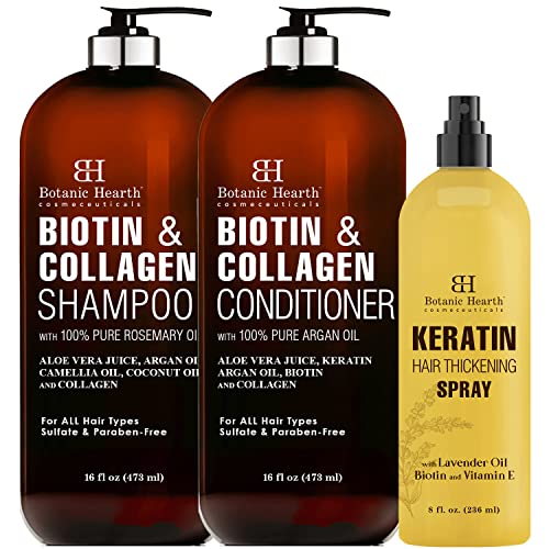 Botanik Ocak Keratin Kalınlaştırıcı Sprey (8 fl oz) ve Vegan Kollajen Biotin Şampuan ve Saç Kremi Seti (her biri 16 fl oz)