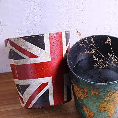 JIANEEXSQ Çöp Sepeti İngiliz Tarzı çöp kutusu Union Jack Dünya Haritası Desen PU Deri Su Geçirmez Dekoratif çöp tenekesi çöp