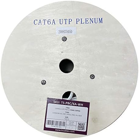 Cat6A Plenum (CMP), 1000ft, 23AWG | %100 Katı Çıplak Bakır | Korumasız Bükümlü Çift (UTP) Toplu Ethernet Kablosu, Mavi, Beyaz