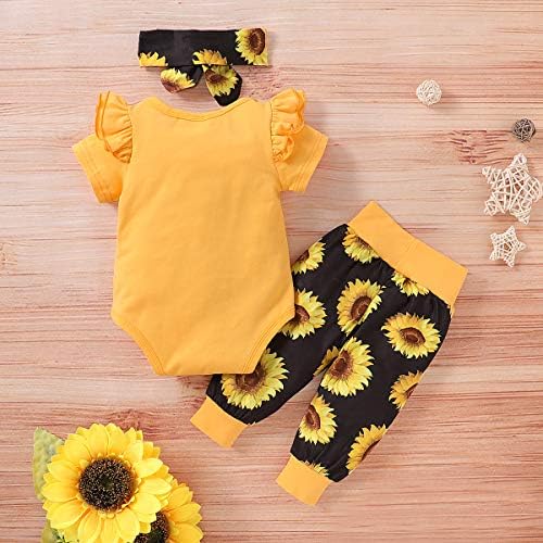 3 ADET Bebek Yürüyor Bebek Kız Çiçek Giysileri Fırfır Romper Bodysuit + Uzun Pantolon Ayçiçeği Kıyafet Seti