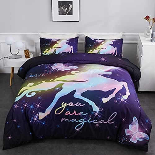 Ylehoc Büyülü Unicorn Yatak Takımları Ikiz Mor Kelebek Yorgan Setleri 3 Parça 1 Renkli Yorgan ve 2 Yastık Kılıfı Kız Çocuklar