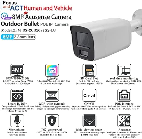 Acusense AI 8MP ColorVu Açık POE IP Bullet Kamera, OEM DS-2CD2087G2-LU, Dahili Mikrofonlu 4K UltraHD Tam Renkli Güvenlik Kamerası,