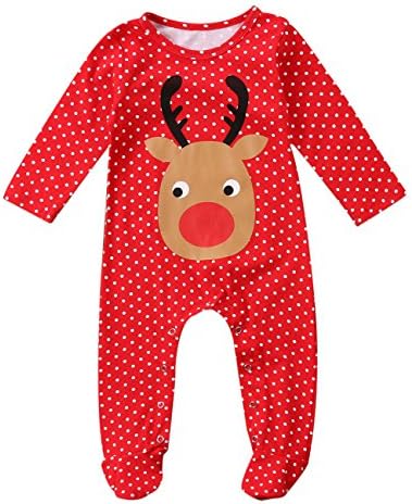 Bebek erkek kız Noel Romper Xmas uzun kollu kırmızı burun ren geyiği puantiyeli ayaklı tulum