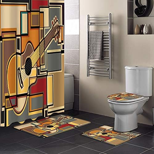 FAMİLYDECOR 4 Parça Duş Perde Setleri ile Kaymaz Kilim, Tuvalet Kapağı Kapak ve Banyo Paspas, Retro Kaya Kare Gitar Duş Perde