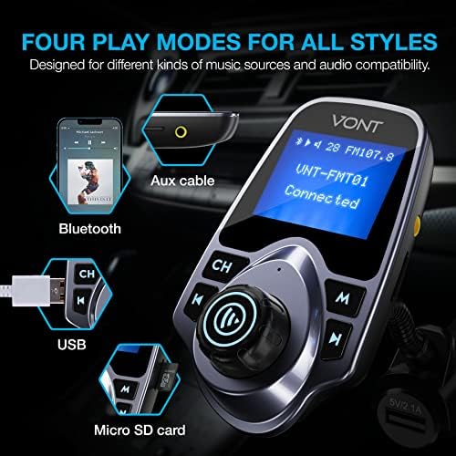 Araba için Bluetooth FM Verici [2022 Yükseltildi] Bluetooth Araç Adaptörü Kiti, Büyük 1.44 inç Ekran, SD/TF Kart Desteği, AUX