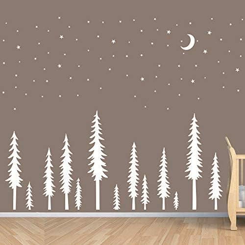 Kreş Duvar Çıkartması Orman Çam Ağaçları ile Ay Yıldız Duvar Dekor Sticker Sanat Çıkarılabilir Ağaçlar dekorasyon çıkartmaları