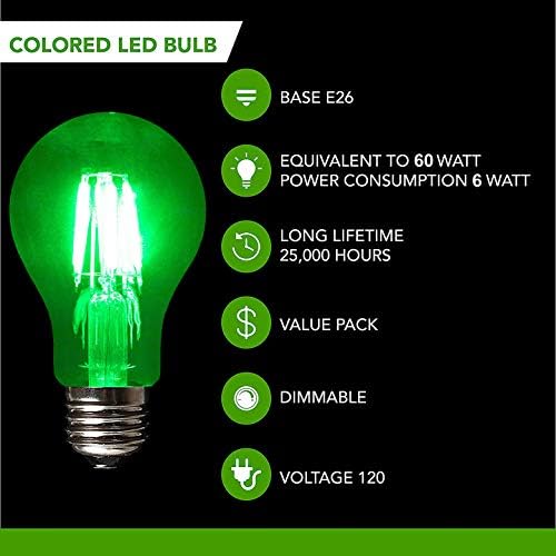SleekLighting LED 6Watt Filament A19 Renkli Ampuller - UL Listeli, E26 Baz Ampul-Enerji Tasarrufu-25000 Saat Sürer-Ağır Hizmet
