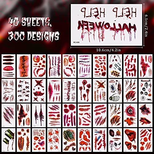 NiHome 40 Levhalar Cadılar Bayramı Korku Çıkarılabilir Gerçekçi Sahte Geçici Dövme Seti, Zombi Kostüm Cosplay Kan Yara Kanama
