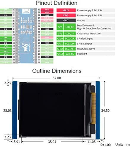 Waveshare 1.8 inç LCD ekran Modülü için Ahududu Pi Pico, 160 × 128 Çözünürlüklü TFT Ekran 65 K RGB Renk SPI Arayüzü ST7735S