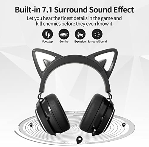 Kedi Kulak Kulaklık, EASARS USB Oyun Kulaklığı Geri Çekilebilir Gürültü Önleyici Mikrofonlu, 7.1 Surround Ses, RGB Aydınlatma,
