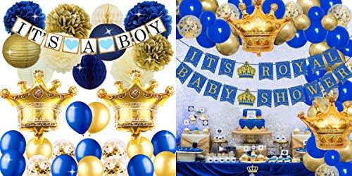 Kraliyet Prens Bebek Duş Süslemeleri ile Boys için Taç Mylar Balonlar ve Çelenk Kemer Kiti Mavi ve Altın