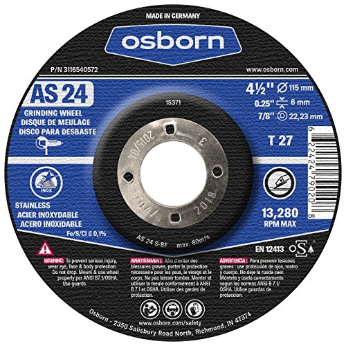 Osborn 3116540572 Paslanmaz Çelik için Gelişmiş Alüminyum Oksit Taşlama Diski (10'lu Paket), 13280 RPM/4.5 / 4-1 / 2 x 0.250