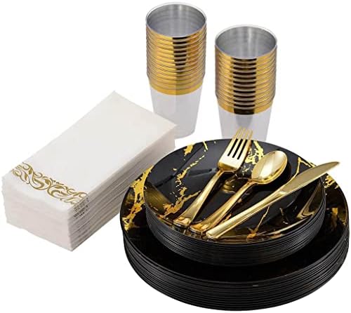KGEZW 70 Adet Sofra Mermer Plastik Yemek Tabağı Altın Çatal bıçak kaşık bardak Peçete Seti Düğün Doğum Günü Parti Malzemeleri