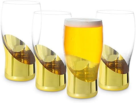 Metalik Pirinç Plaka Tabanı ile MyGift Bira Bardağı Gözlük-Modern 16 oz Pilsner Zanaat Pub Bira Drinkware Cam, 4 Set
