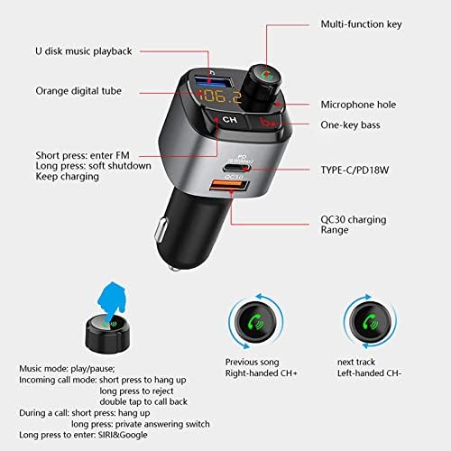 Araba için Fmystery Bluetooth FM Verici, QC3. 0 Hızlı Şarjlı Bluetooth Araç Adaptörü ve 3 USB Bağlantı Noktası Şarj Cihazı,