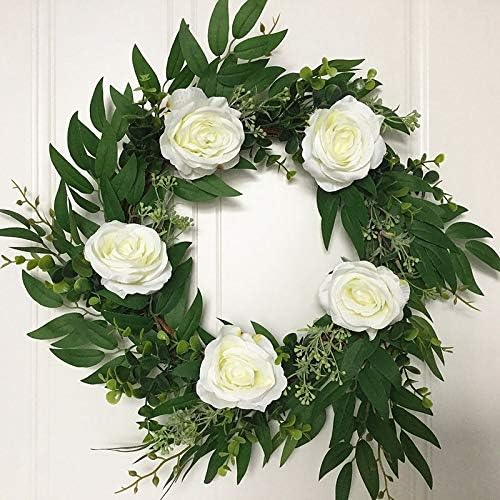 YYDFPIIA 18 İnç Çiçek Çelenk Beyaz Gül Yapay Çiçek İpek Kapı Çelenk Kapalı Ev Ön Kapı Duvar Düğün Süslemeleri için