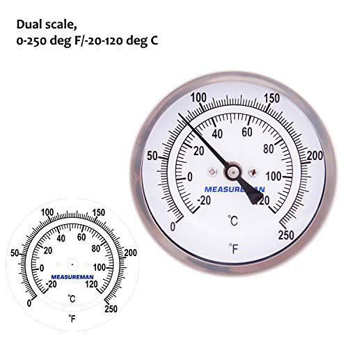 Measureman Tam Paslanmaz Çelik Tencere, su ısıtıcısı, Bira Bimetal Termometre, 3 Dial, 2-1 / 2 Kök, 0-250 ° F/-20-120 ° C,