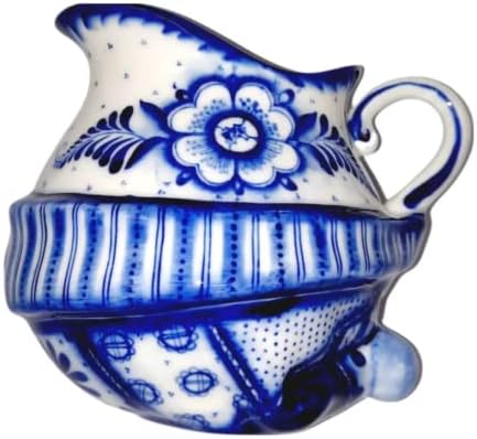 Porselen Kremalı Sürahi 11,83 floz (350 ml) Beyaz ve Mavi Renk Rus Gzhel sanatı süt, kahve, şurup için elle boyanmış Buffoon.Mutfak